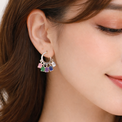 Silver Multicolor Stone Hoop Earrings