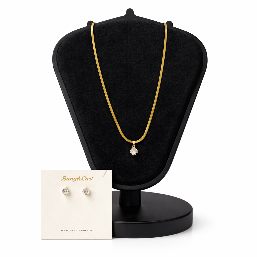 Gold necklace with a pendant on a black jewelry display stand, accompanied by a box labeled 'BangleCart'.