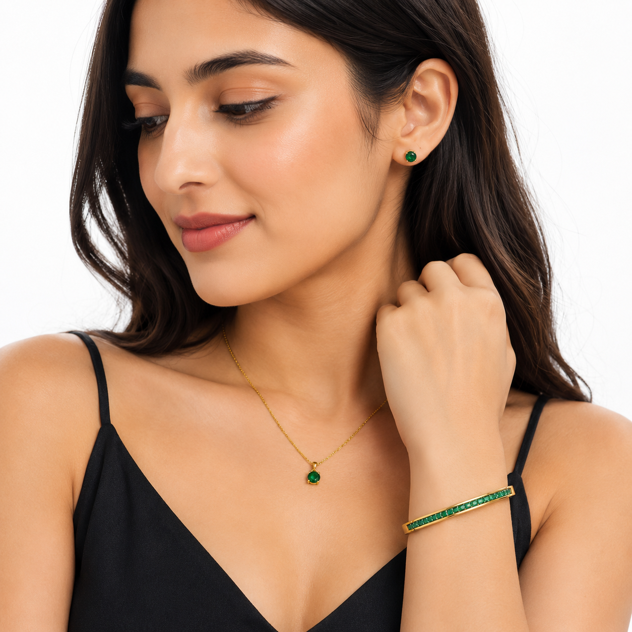 Emerald Green Crystal Jewelry Set – Necklace, Stud Earrings & Bangle
