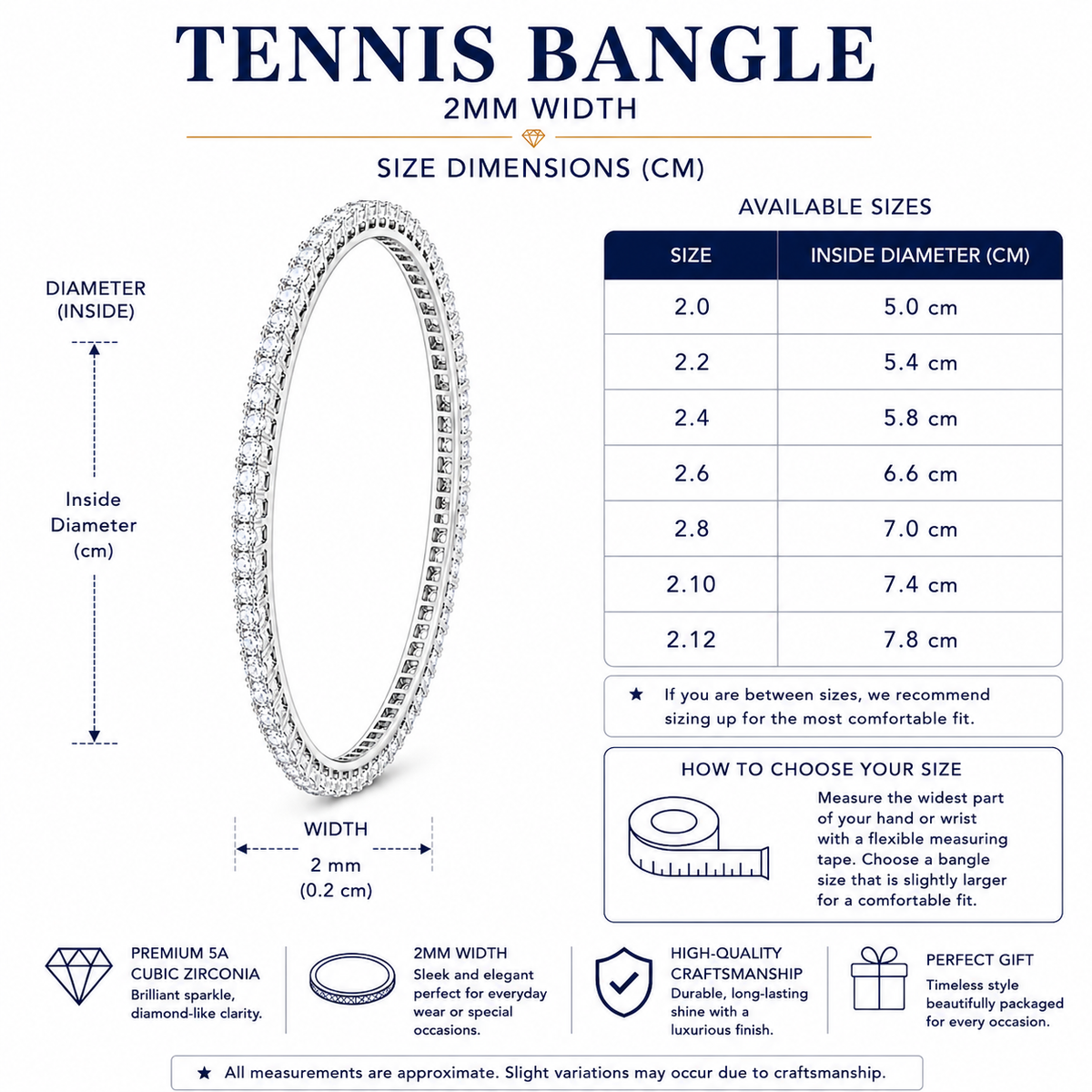 A size guide for a tennis bangle, showing a ring diagram with inside diameter measurements, a size chart from 2.0 to 2.