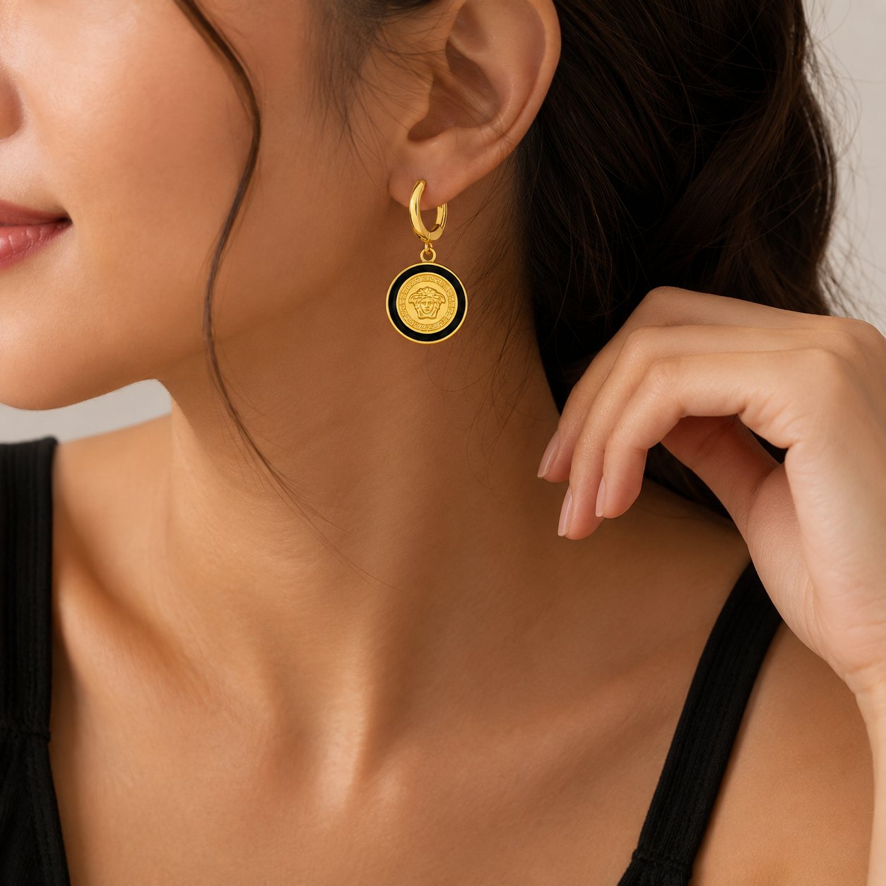 Black Medallion Gold-Tone Drop Earrings