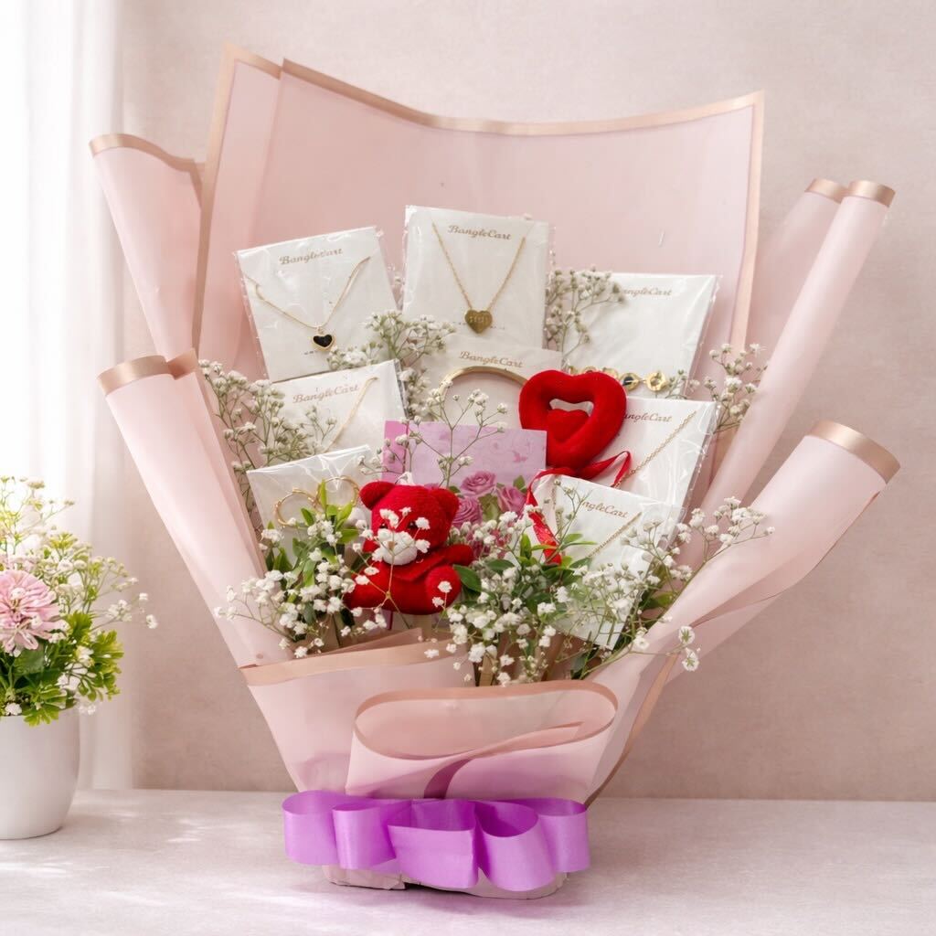 Bouquet of flowers with jewelry and a heart-shaped gift inside, against a light pink background.