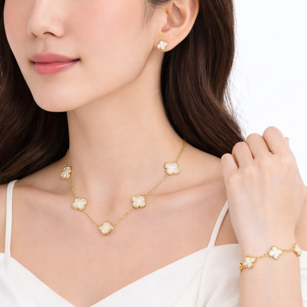 Gold Clover Jewelry Set — 3-Piece Necklace, Bracelet & Earrings
