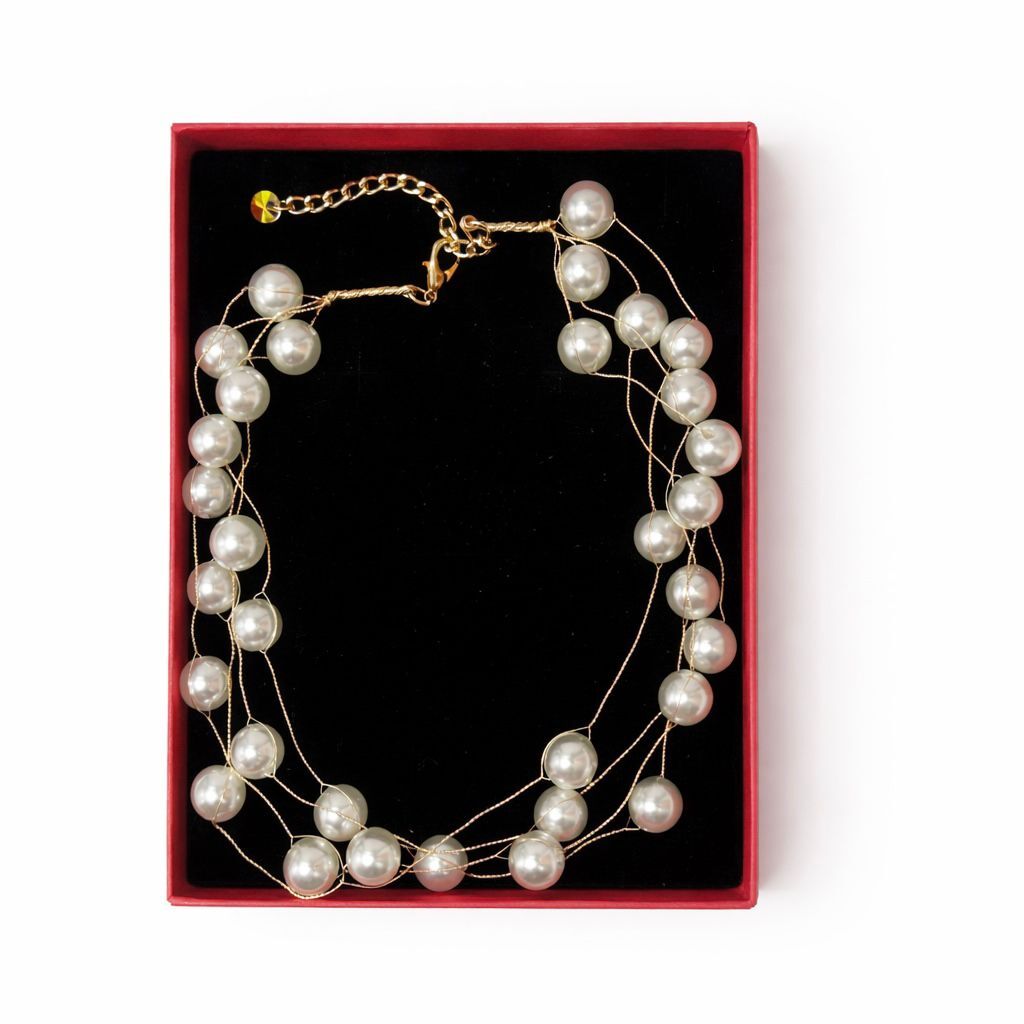 Pearl necklace in a red box on a white background