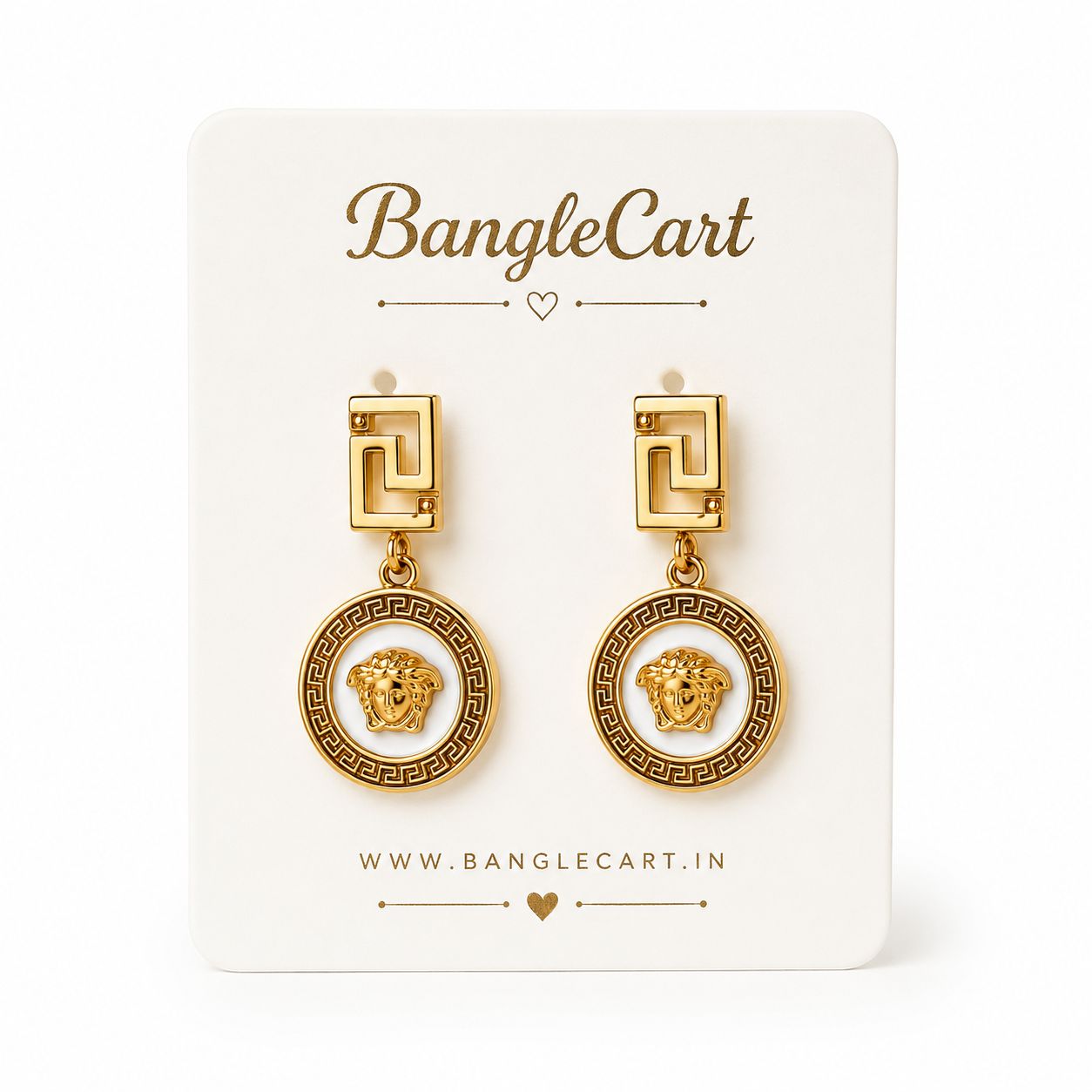 Gold Greek Key Medallion Drop Earrings