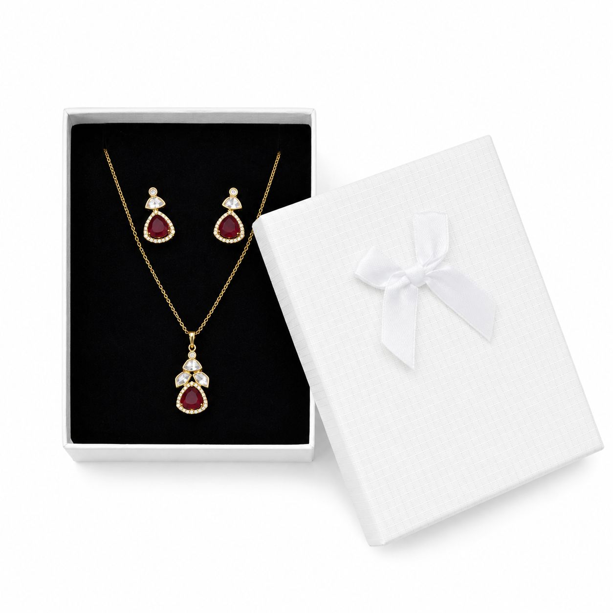 Gold Red Teardrop Crystal Necklace and Earrings Set