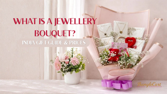 Jewellery bouquet gift arrangement — anti-tarnish necklaces and bracelets arranged with flowers and ribbon by BangleCart