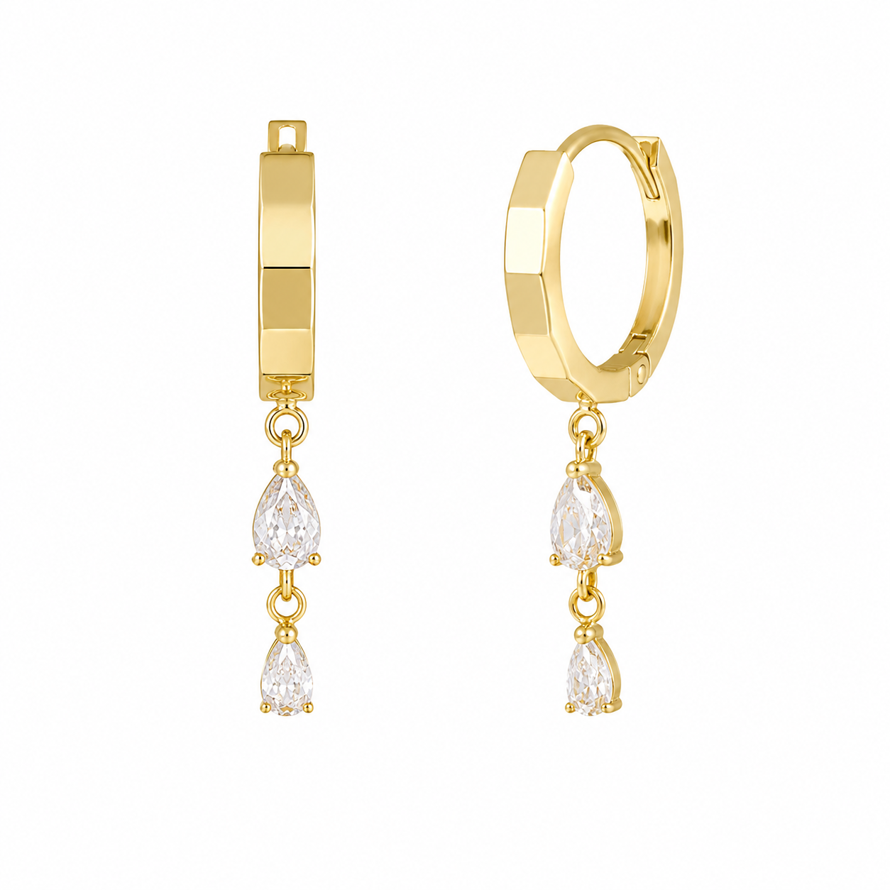 Gold hoop earrings with teardrop-shaped gemstones on a white background