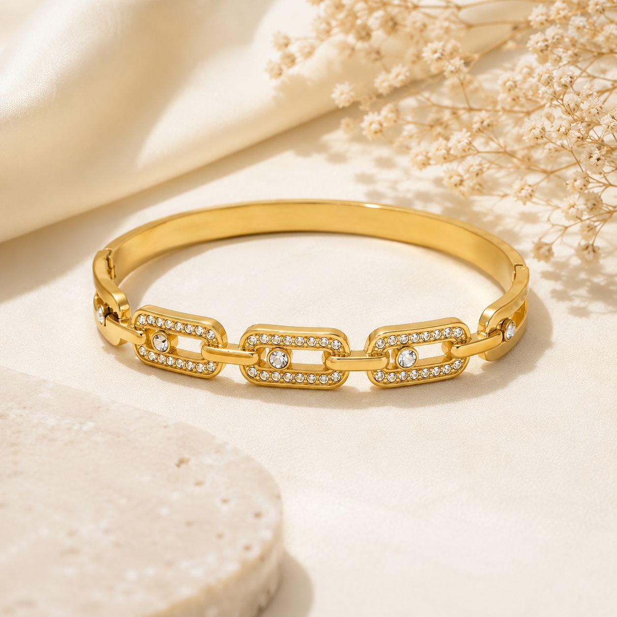 Gold Link Chain Crystal Hinged Bangle Bracelet
