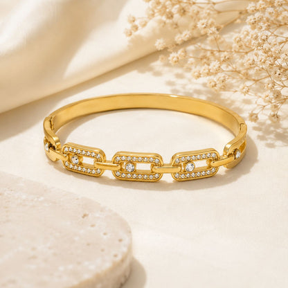 Gold Link Chain Crystal Hinged Bangle Bracelet
