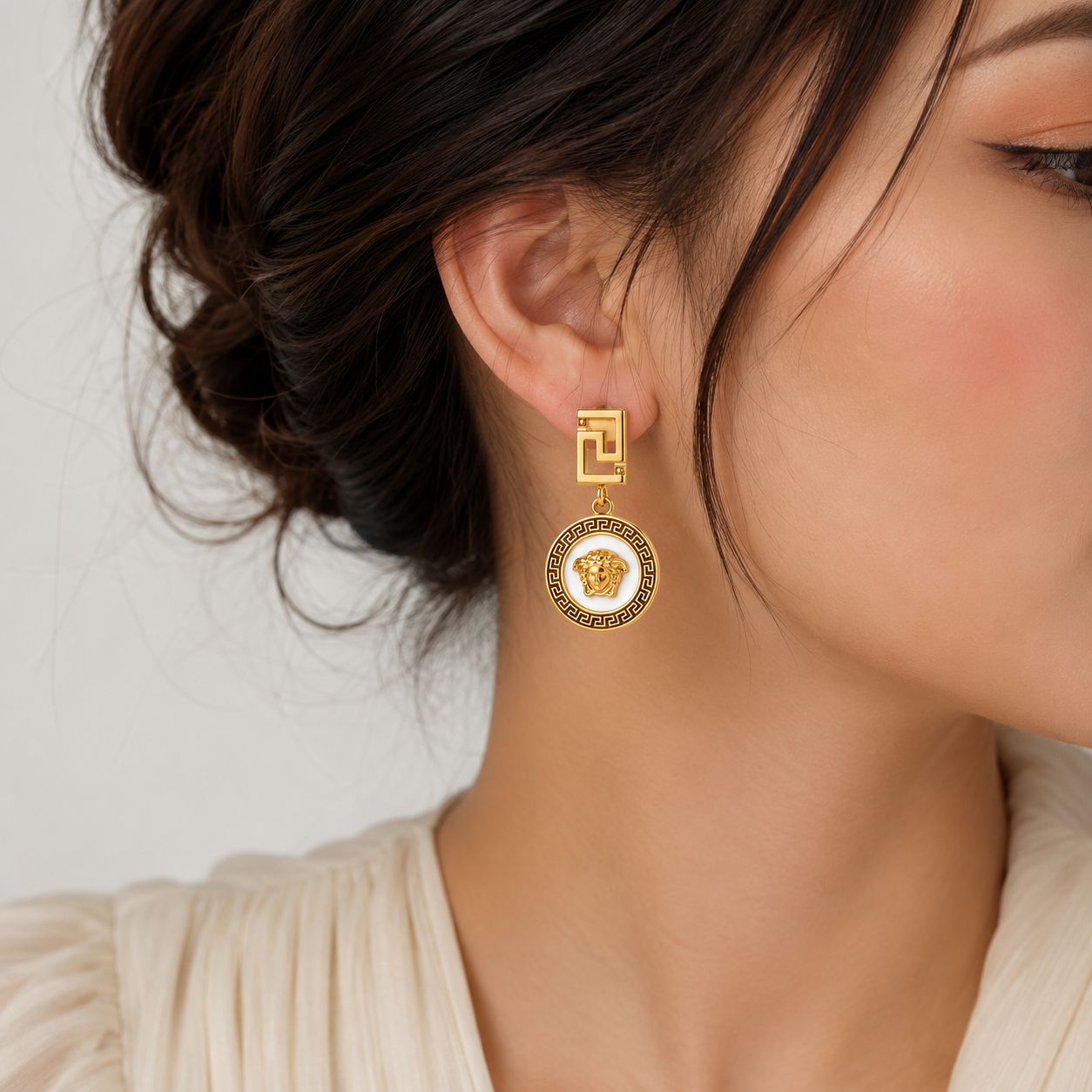 Gold Greek Key Medallion Drop Earrings