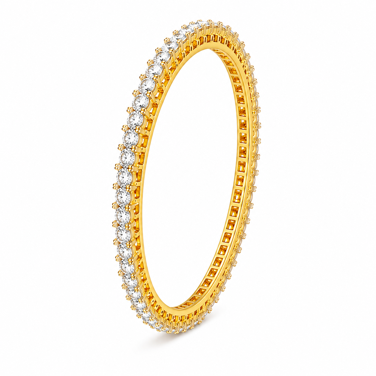 A yellow gold eternity band ring set with round brilliant-cut diamonds, shown on a clean white background.