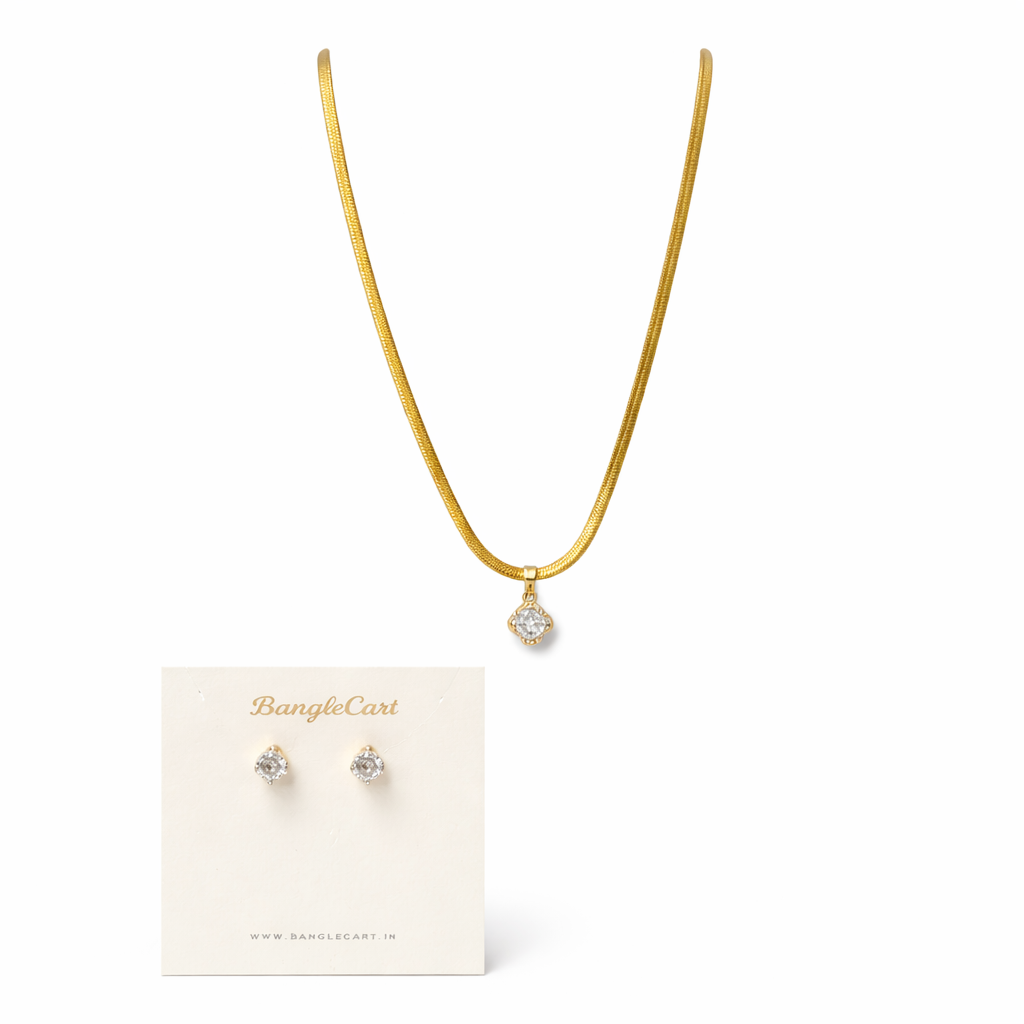 Gold necklace with pendant and matching earrings on a BanglesCart branded card.