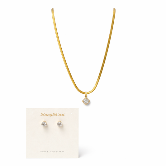 Gold necklace with pendant and matching earrings on a BanglesCart branded card.