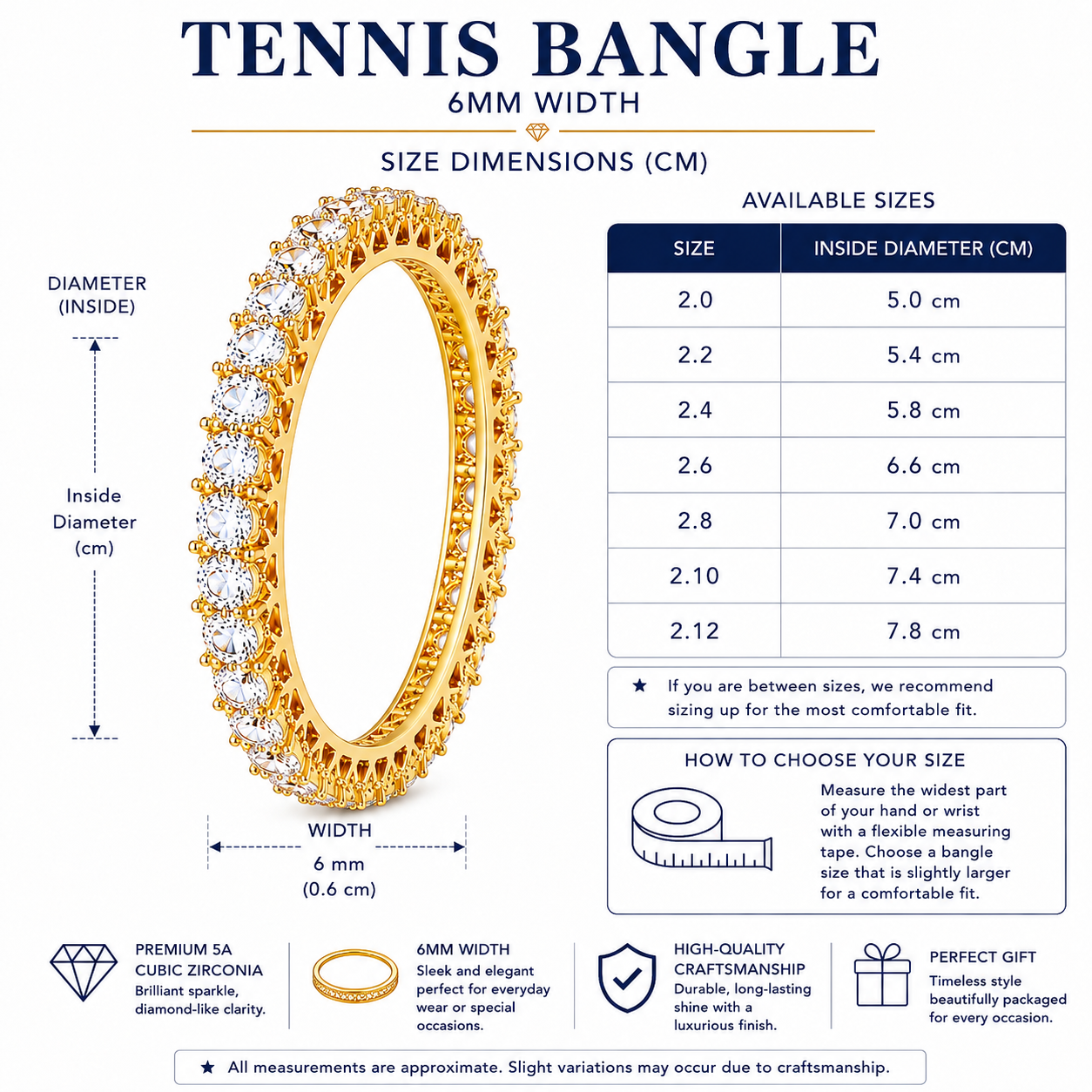 A product information graphic for a tennis bangle, showing a gold-toned beaded bracelet with a white crystal border, alongside a size measurement table, inside diameter measurements, and a how-to choose size section. The top header reads 'TENNIS BANGLE 6MM WIDTH'.