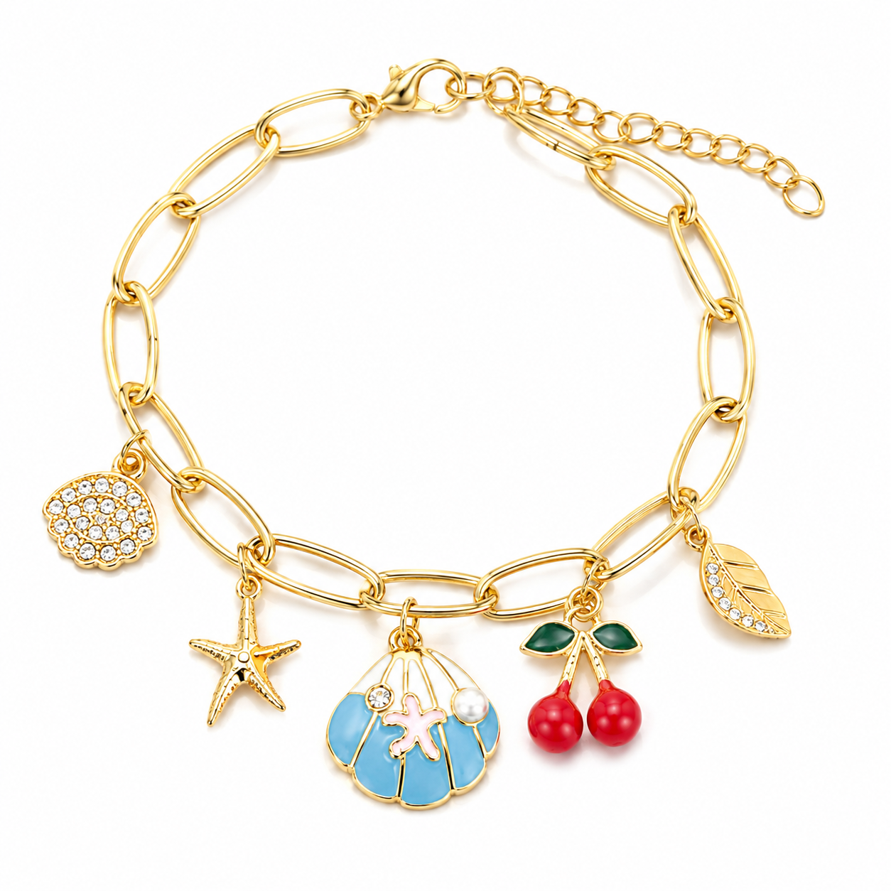 Gold bracelet with various charms on a white background