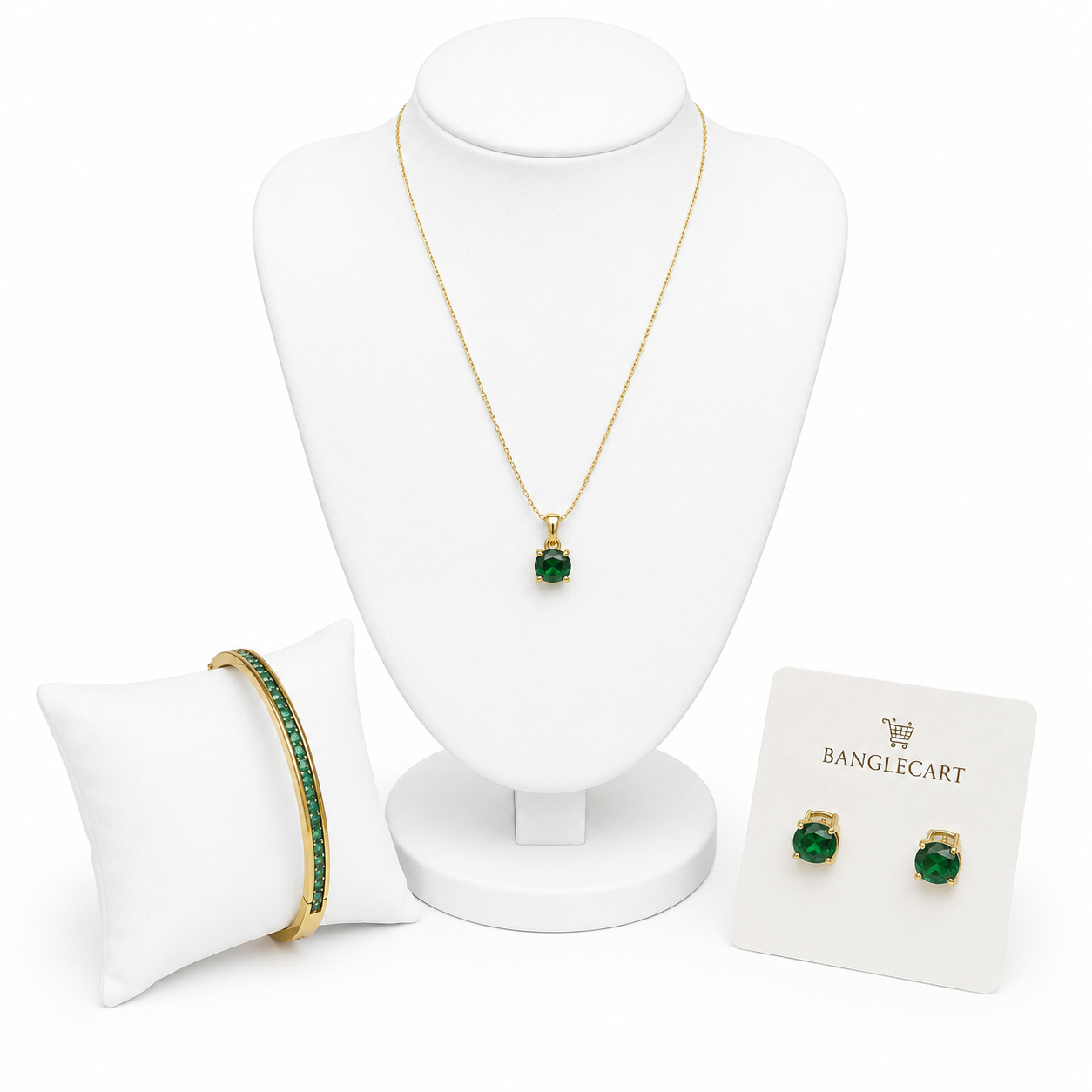 Emerald Green Crystal Jewelry Set – Necklace, Stud Earrings & Bangle