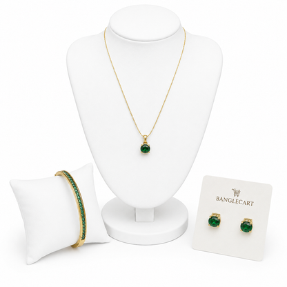 Emerald Green Crystal Jewelry Set – Necklace, Stud Earrings & Bangle