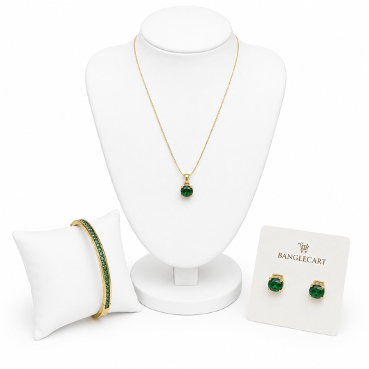 Emerald Green Crystal Jewelry Set – Necklace, Stud Earrings & Bangle