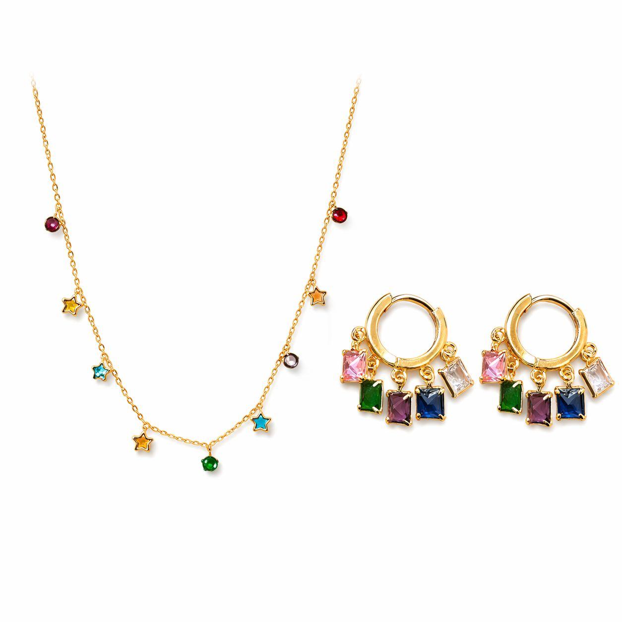 Gold Multicolor Charm Necklace and Hoop Earrings Set
