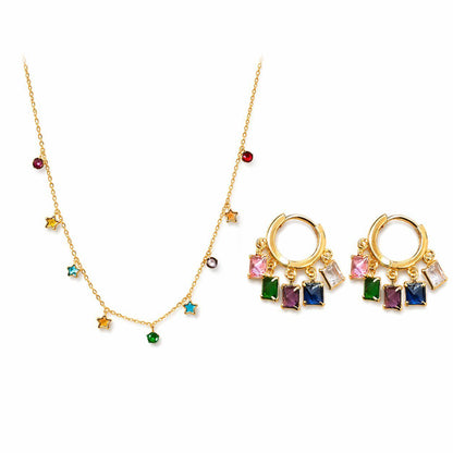 Gold Multicolor Charm Necklace and Hoop Earrings Set