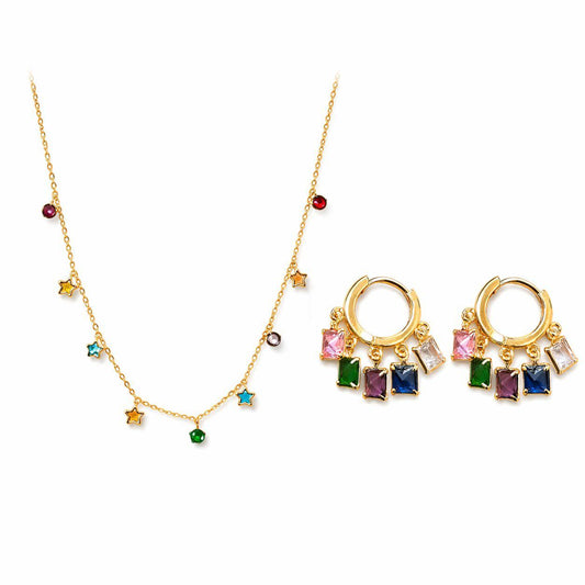 Gold Multicolor Charm Necklace and Hoop Earrings Set