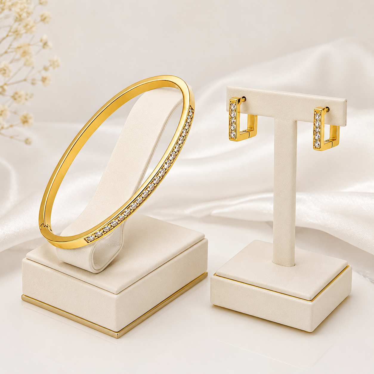 Gold Crystal Bracelet and Earrings Jewelry Set for Women
