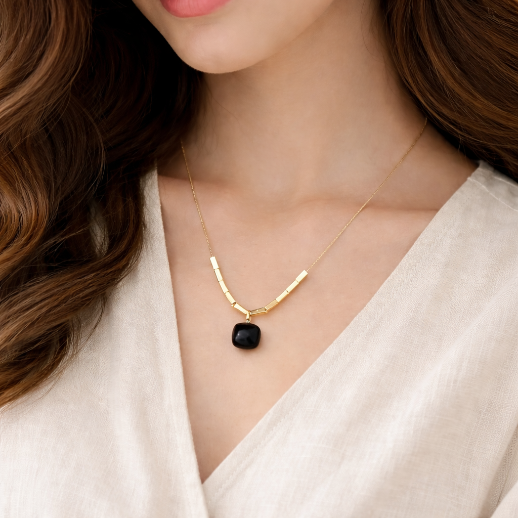 Gold Geometric Chain Necklace with black Stone Pendant