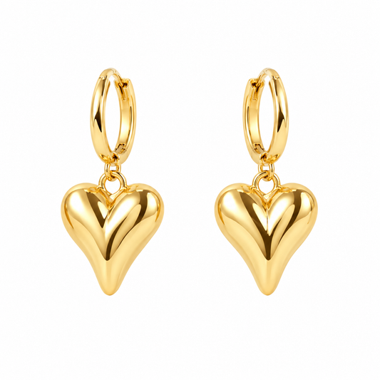 Golden Puffy Heart Hoop Drop Earrings — gold-tone heart charm drop earrings for women by BangleCart