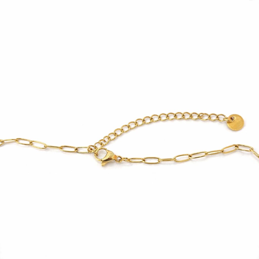 A gold chain anklet with a lobster clasp, paperclip links, an adjustable extender chain, and a small round tag, shown on a plain white background.