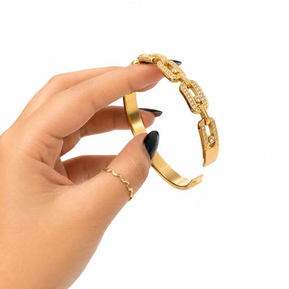 Gold Link Chain Crystal Hinged Bangle Bracelet