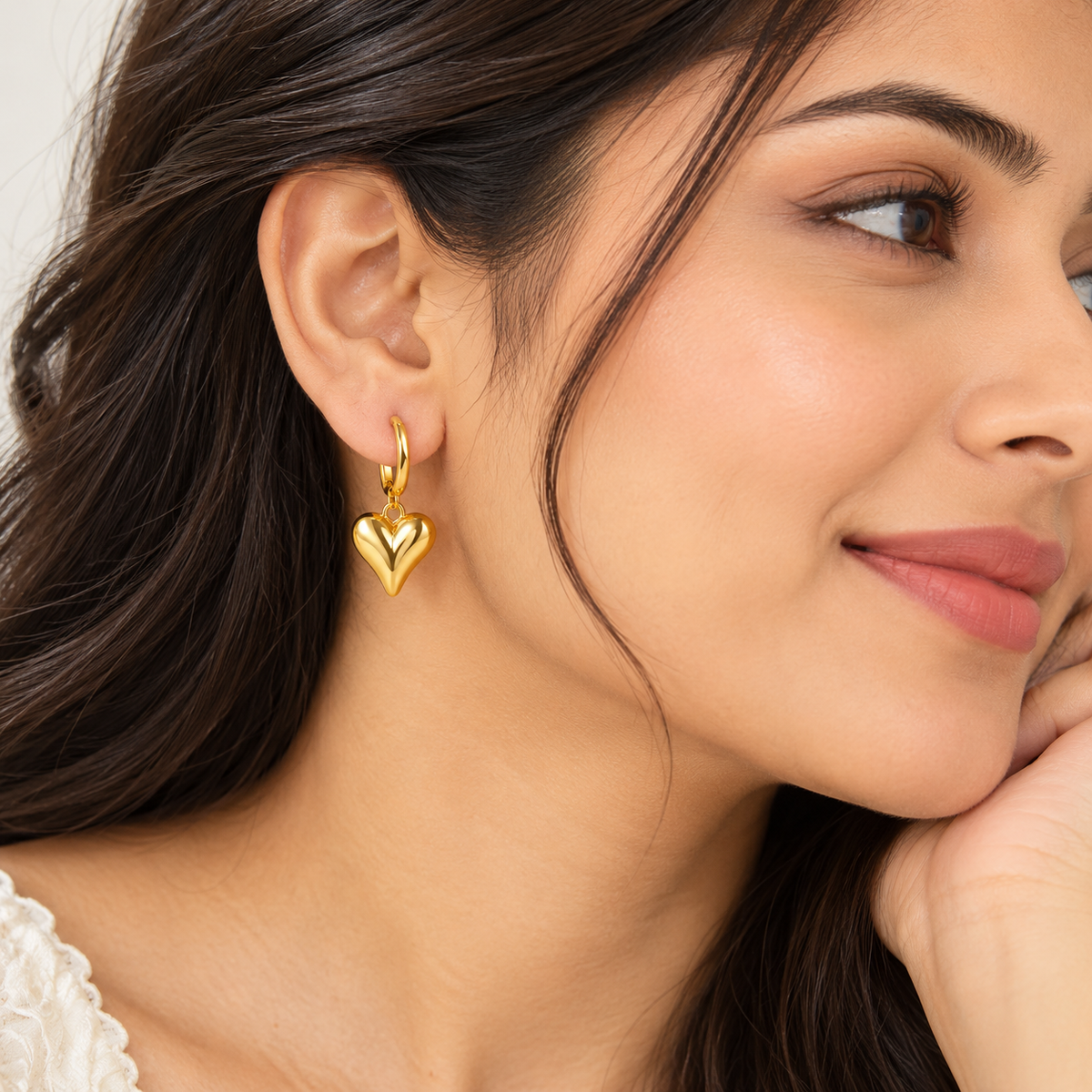 Golden Puffy Heart Hoop Drop Earrings