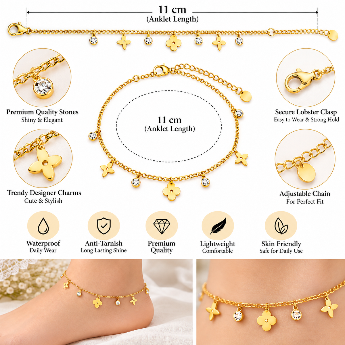 Gold Floral Charm Anklet for Women
