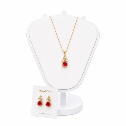 Gold Red Teardrop Crystal Necklace and Earrings Set