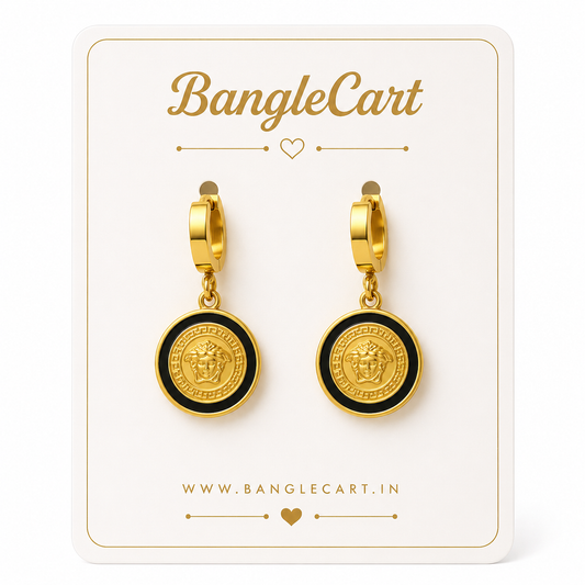 Black Medallion Gold-Tone Drop Earrings