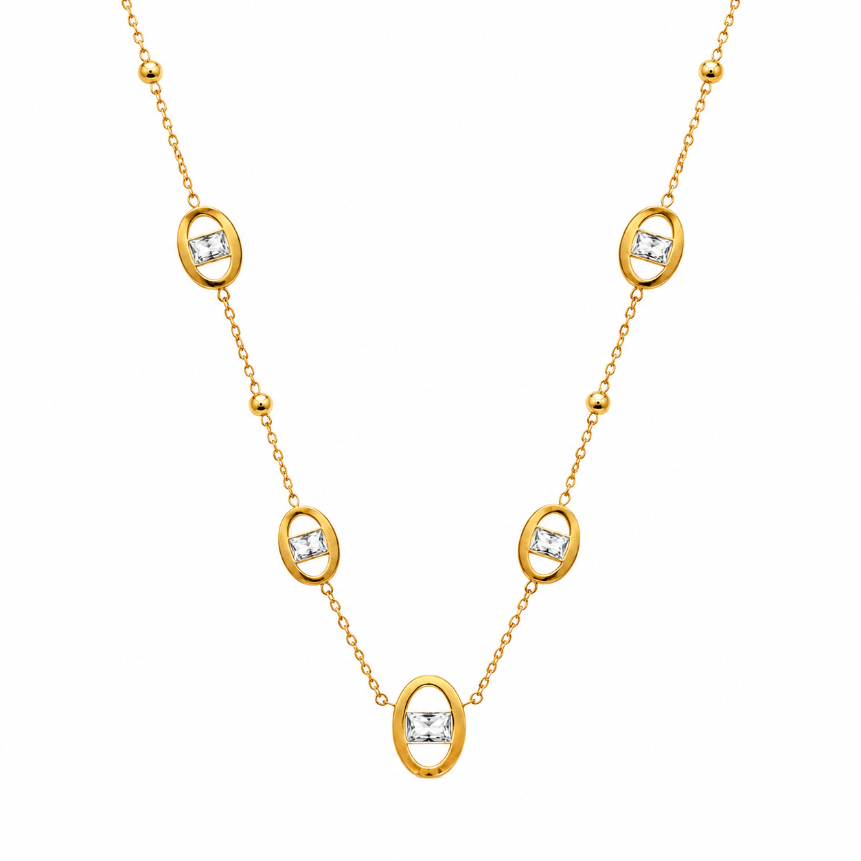Gold necklace with diamond pendants on a white background