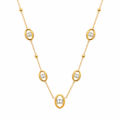Gold necklace with diamond pendants on a white background