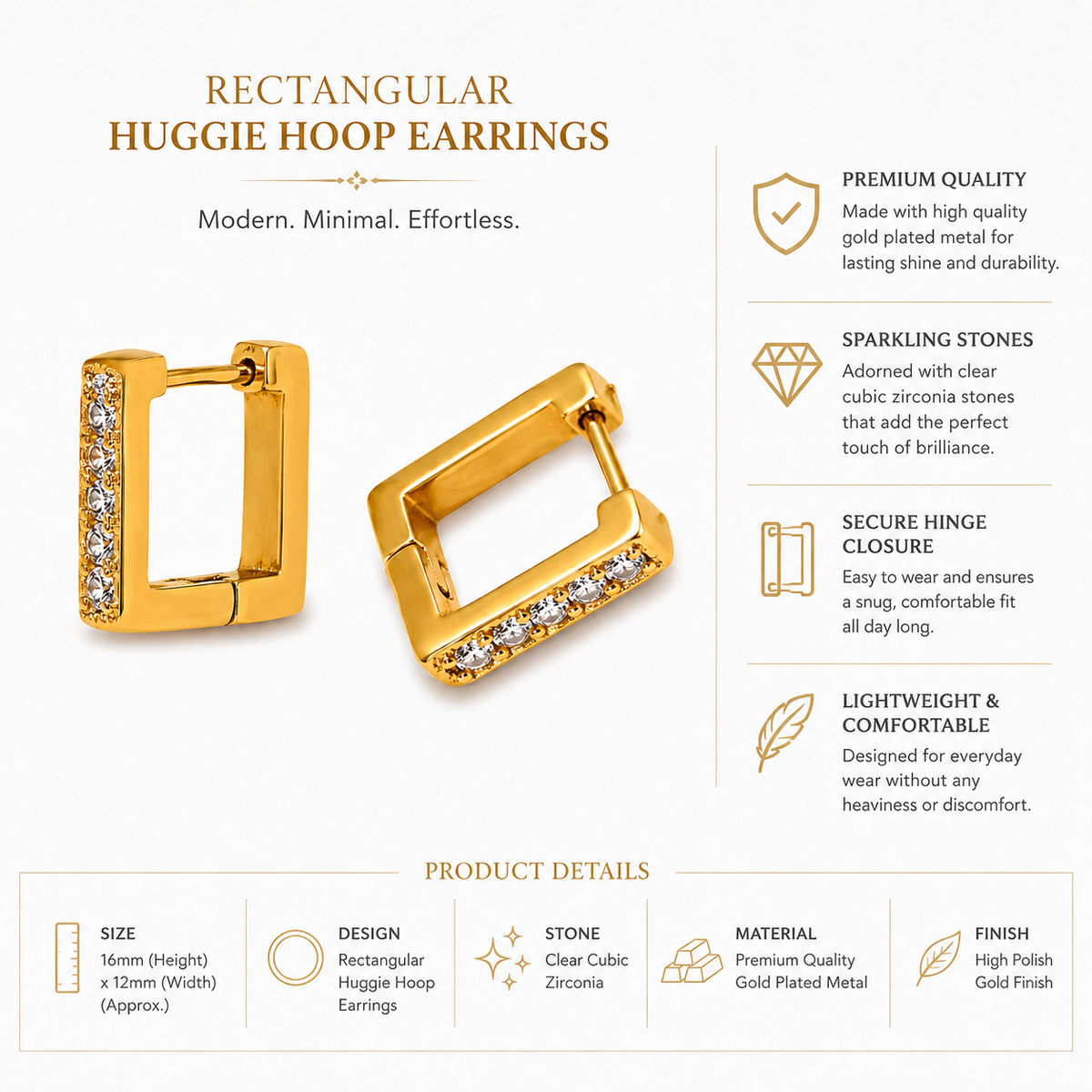 Gold-plated rectangular huggie hoop earrings with clear cubic zirconia stones, shown on a white background with product details and feature callouts.