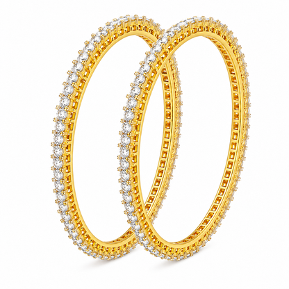 Two gold bangles adorned with rows of clear pavé gemstones, shown overlapping on a clean white background.
