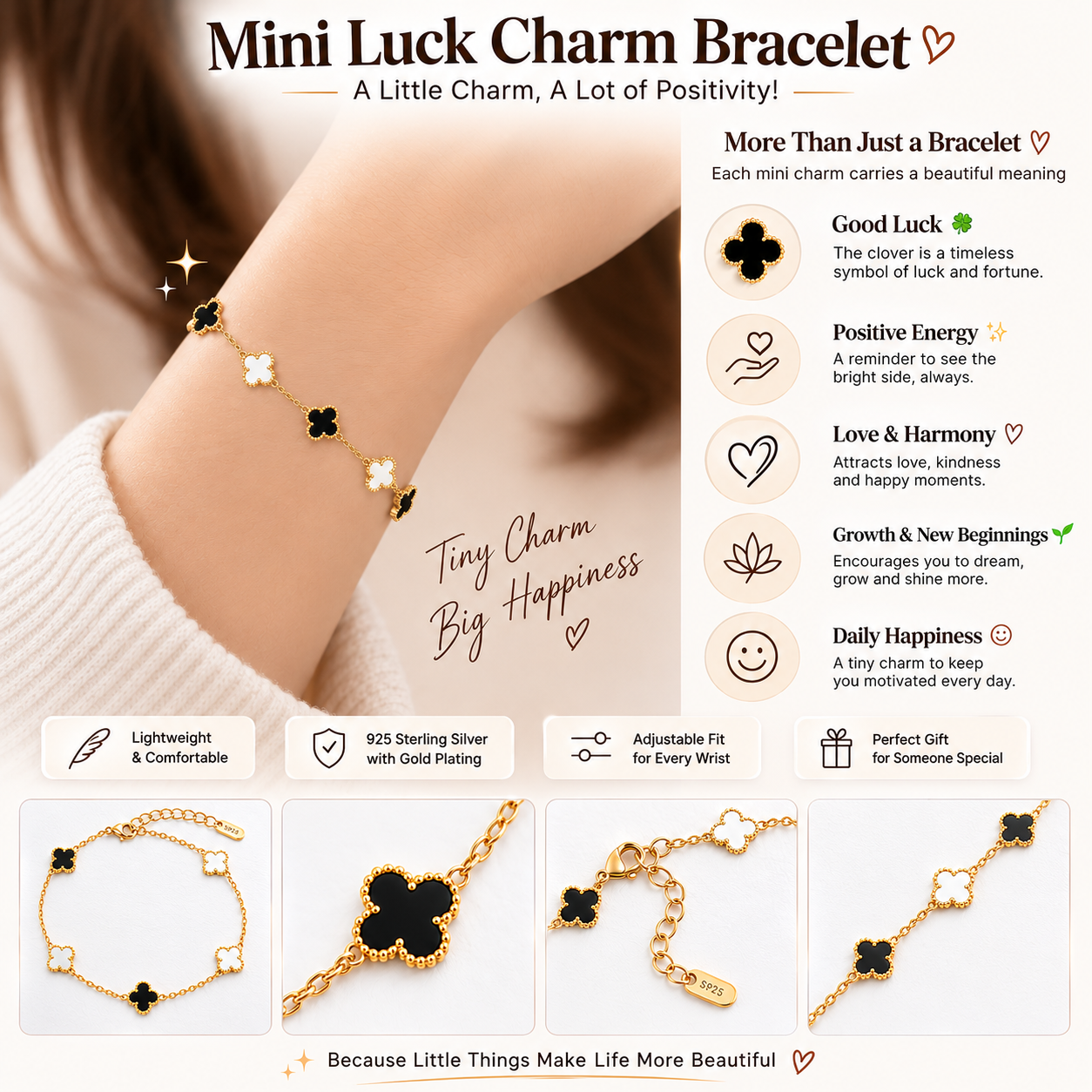 Black & White mini Clover Charm Gold-Tone Bracelet