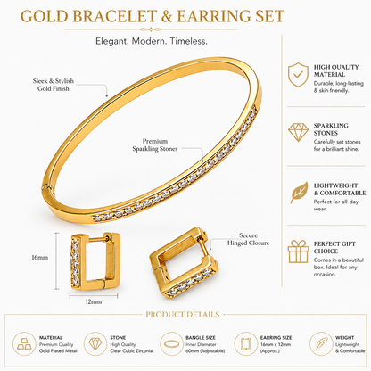 Gold Crystal Bracelet and Earrings Jewelry Set for Women