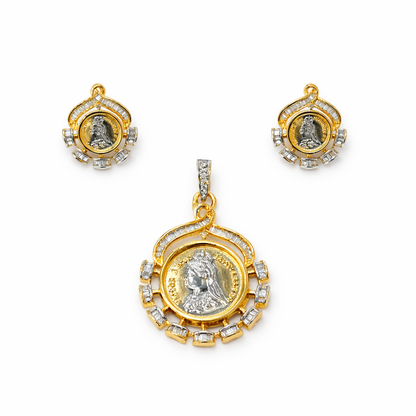 Gold pendant and earrings with gemstones on a white background