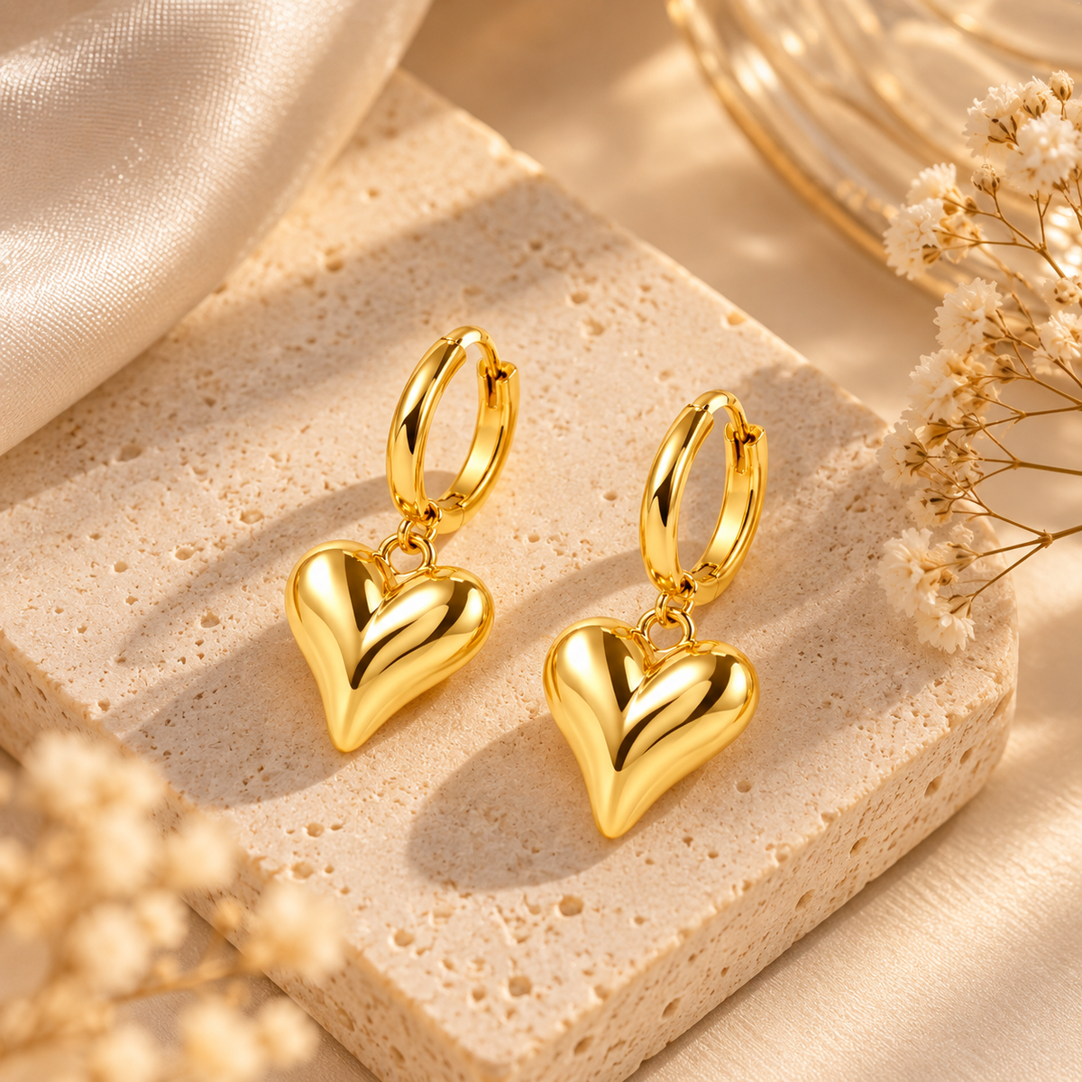 Golden Puffy Heart Hoop Drop Earrings