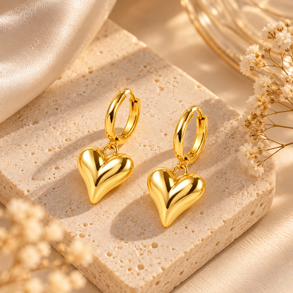 Golden Puffy Heart Hoop Drop Earrings