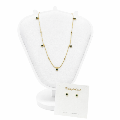 Gold necklace and earrings on a white mannequin with 'BangleCart' branding.