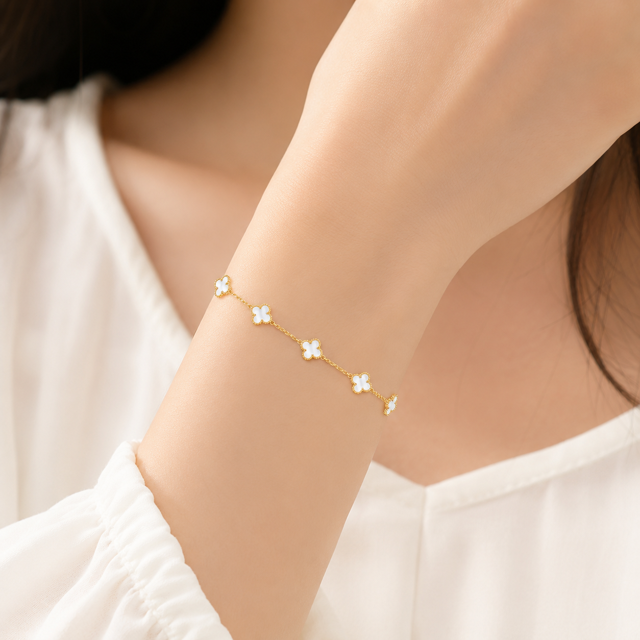 White mini Clover Charm Gold-Tone Bracelet