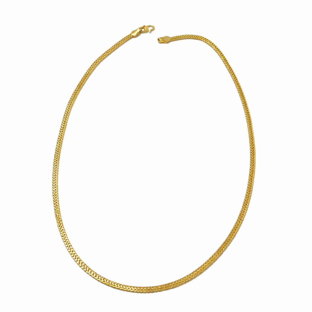 A gold-colored chain necklace with a lobster clasp, displayed in a curved loop shape against a plain white background.