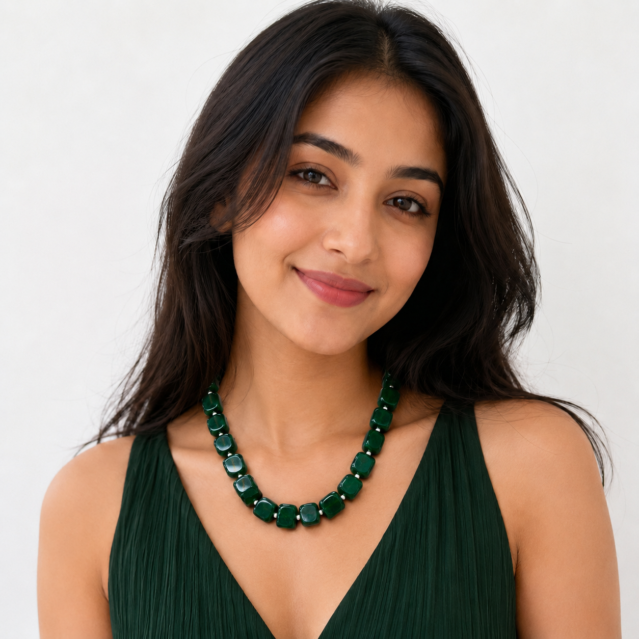 Deep Green Square-Bead Statement Necklace