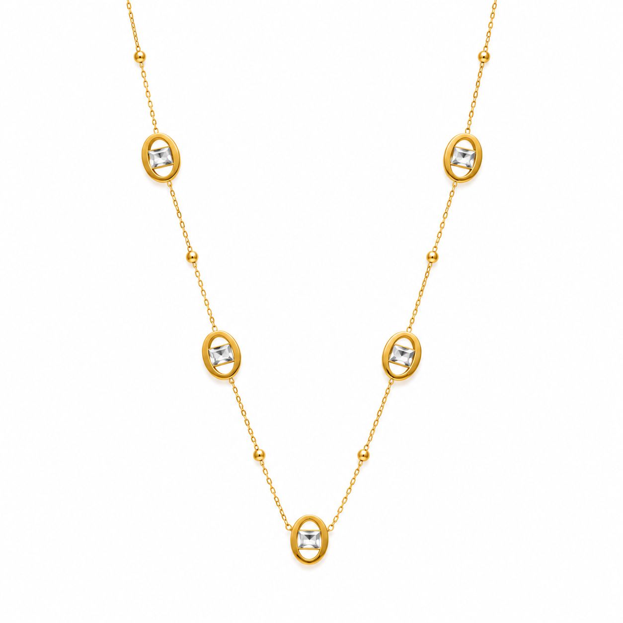 Gold Oval Crystal Station Necklace