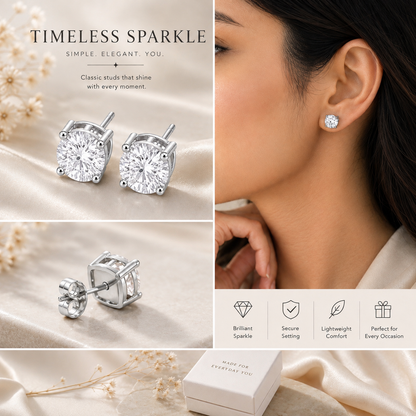 Classic Crystal Solitaire Stud Earrings – Silver Tone